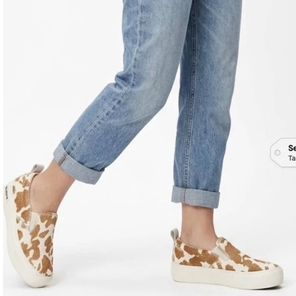 SeaVees Baja Platform Mulholland Womens 8 Cowhide Cow Print Slip On Sneakers Tan
